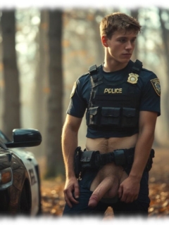 Junger Officer am Streifenwagen mit geöffneter Hose, massives Lustpendel hängt frei. Junger Officer am Streifenwagen mit geöffneter Hose, massives Lustpendel hängt frei.