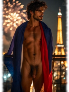 Junger Mann im nächtlichen Paris, Trikolore um den Schultern zeigt seinen Herold der Liebe. Junger Mann im nächtlichen Paris, Trikolore um den Schultern zeigt seinen Herold der Liebe.