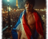 Junger Mann im nächtlichen Paris, Eiffelturm im Hintergrund, Trikolore um den Schultern. Junger Mann im nächtlichen Paris, Eiffelturm im Hintergrund, Trikolore um den Schultern.