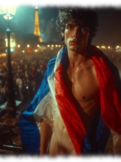 Junger Mann im nächtlichen Paris, Eiffelturm im Hintergrund, Trikolore um den Schultern. Junger Mann im nächtlichen Paris, Eiffelturm im Hintergrund, Trikolore um den Schultern.