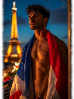 Junger Mann im nächtlichen Paris, Eiffelturm im Hintergrund, Trikolore um den Schultern. Junger Mann im nächtlichen Paris, Eiffelturm im Hintergrund, Trikolore um den Schultern.