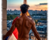 Junger Mann im nächtlichen Paris, Eiffelturm im Hintergrund, Rückansicht. Junger Mann im nächtlichen Paris, Eiffelturm im Hintergrund, Rückansicht.