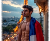 Junger Mann im nächtlichen Paris, Eiffelturm im Hintergrund, mit emporsteigender Spannung. Junger Mann im nächtlichen Paris, Eiffelturm im Hintergrund, mit emporsteigender Spannung.