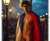 Junger Mann im nächtlichen Paris, Straßenlaterne und Eiffelturm im Hintergrund, Trikolore um den Schultern. Junger Mann im nächtlichen Paris, Straßenlaterne und Eiffelturm im Hintergrund, Trikolore um den Schultern.