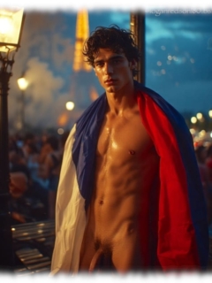 Junger Mann im nächtlichen Paris, Straßenlaterne und Eiffelturm im Hintergrund, Trikolore um den Schultern. Junger Mann im nächtlichen Paris, Straßenlaterne und Eiffelturm im Hintergrund, Trikolore um den Schultern.