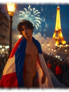 Twink im nächtlichen Paris, Straßenlaterne und Eiffelturm im Hintergrund, Trikolore um den Schultern. Twink im nächtlichen Paris, Straßenlaterne und Eiffelturm im Hintergrund, Trikolore um den Schultern.