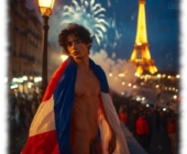Twink im nächtlichen Paris, Straßenlaterne und Eiffelturm im Hintergrund, Trikolore um den Schultern. Twink im nächtlichen Paris, Straßenlaterne und Eiffelturm im Hintergrund, Trikolore um den Schultern.