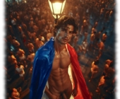 Junger Mann im nächtlichen Paris, Straßenlaterne im Hintergrund, Trikolore um den Schultern. Junger Mann im nächtlichen Paris, Straßenlaterne im Hintergrund, Trikolore um den Schultern.