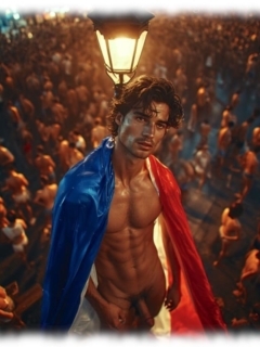 Junger Mann im nächtlichen Paris, Straßenlaterne im Hintergrund, Trikolore um den Schultern. Junger Mann im nächtlichen Paris, Straßenlaterne im Hintergrund, Trikolore um den Schultern.