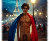 Junger Mann im nächtlichen Paris, Eiffelturm im Hintergrund, Trikolore um den Schultern. Junger Mann im nächtlichen Paris, Eiffelturm im Hintergrund, Trikolore um den Schultern.