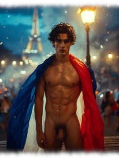 Junger Mann im nächtlichen Paris, Eiffelturm im Hintergrund, Trikolore um den Schultern. Junger Mann im nächtlichen Paris, Eiffelturm im Hintergrund, Trikolore um den Schultern.