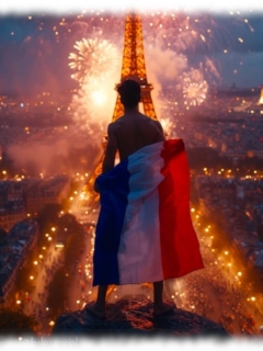 Mann im nächtlichen Paris auf Eiffelturm blickend, Trikolore um den Hüften. Mann im nächtlichen Paris auf Eiffelturm blickend, Trikolore um den Hüften.