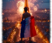 Mann im nächtlichen Paris auf Eiffelturm blickend, Trikolore um den Hüften. Mann im nächtlichen Paris auf Eiffelturm blickend, Trikolore um den Hüften.