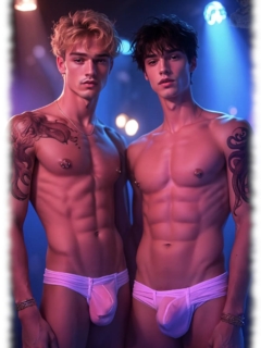 Zwei Zwinks in Nachtclub, Tangas mit sichtbarer Verdickung im Material. Zwei Zwinks in Nachtclub, Tangas mit sichtbarer Verdickung im Material.