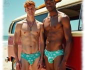 Zwei junge Männer an VW-Bus stehend, beide Slips mit verräterischer Wölbung. Zwei junge Männer an VW-Bus stehend, beide Slips mit verräterischer Wölbung.