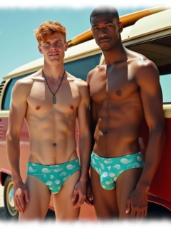 Zwei junge Männer an VW-Bus stehend, beide Slips mit verräterischer Wölbung. Zwei junge Männer an VW-Bus stehend, beide Slips mit verräterischer Wölbung.