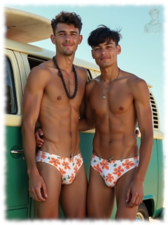 Zwei junge Männer an VW-Bus angelehnt umarmen sich, Slips mit Spannung im Stoff. Zwei junge Männer an VW-Bus angelehnt umarmen sich, Slips mit Spannung im Stoff.