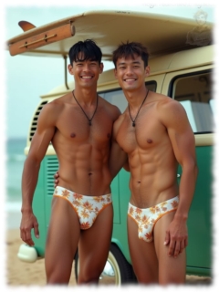 Zwei asiatische Männer an VW-Bus umarmen sich, Slips mit sanfter Ausprägung. Zwei asiatische Männer an VW-Bus umarmen sich, Slips mit sanfter Ausprägung.