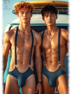 Zwei Twinks vor VW-Bus stehend, sündige Auswölbung zeichnet sich ab. Zwei Twinks vor VW-Bus stehend, sündige Auswölbung zeichnet sich ab.