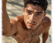 Schwarzhaariger junger Mann nach oben blickend, leichte Brustbehaarung. Schwarzhaariger junger Mann nach oben blickend, leichte Brustbehaarung.