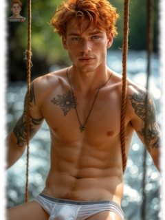 Ginger Men schaukelnd, Slip mit sanfter Ausprägung gibt Blick auf haarige Grenze zur Lust frei. Ginger Men schaukelnd, Slip mit sanfter Ausprägung gibt Blick auf haarige Grenze zur Lust frei.