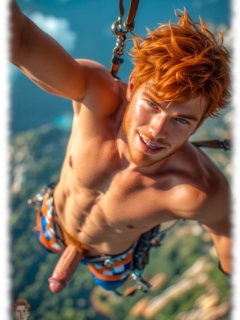 Bärtiger Ginger Men im Fallschirm hängend mit stolzen Schaft der Sehnsucht. Bärtiger Ginger Men im Fallschirm hängend mit stolzen Schaft der Sehnsucht.