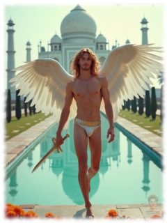 Rothaariger Engel mit Schwert in der Hand am Wasserbecken stehend. sanfte Ausprägung im Slip. Rothaariger Engel mit Schwert in der Hand am Wasserbecken stehend. sanfte Ausprägung im Slip.