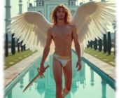 Rothaariger Engel mit Schwert in der Hand am Wasserbecken stehend. sanfte Ausprägung im Slip. Rothaariger Engel mit Schwert in der Hand am Wasserbecken stehend. sanfte Ausprägung im Slip.