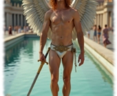 Rothaariger Engel mit Schwert in der Hand am Wasserbecken stehend. Rothaariger Engel mit Schwert in der Hand am Wasserbecken stehend.