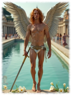 Rothaariger Engel mit Schwert in der Hand am Wasserbecken stehend. Rothaariger Engel mit Schwert in der Hand am Wasserbecken stehend.