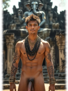 Junger Mann im Wasser vor Tempel stehend, hängendes Lustpendel und Flammenäpfel. Junger Mann im Wasser vor Tempel stehend, hängendes Lustpendel und Flammenäpfel.