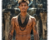 Junger Mann im Wasser vor Tempel stehend, hängendes Lustpendel und Flammenäpfel. Junger Mann im Wasser vor Tempel stehend, hängendes Lustpendel und Flammenäpfel.