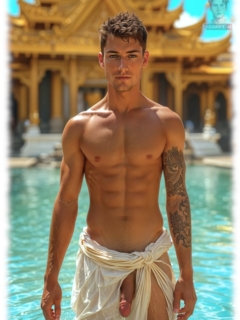 Junger Mann im Wasser vor Tempel stehend, Tuch um den Hüften gibt Juwel der Liebe frei. Junger Mann im Wasser vor Tempel stehend, Tuch um den Hüften gibt Juwel der Liebe frei.