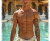 Junger Mann im Wasser vor Tempel stehend, Tuch um den Hüften gibt Juwel der Liebe frei. Junger Mann im Wasser vor Tempel stehend, Tuch um den Hüften gibt Juwel der Liebe frei.