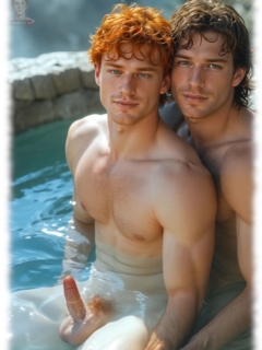 Zwei Männer im Wasser hintereinander sitzend, Rothaariger mit lebendiger Regung und Keimkugeln im Wasser. Zwei Männer im Wasser hintereinander sitzend, Rothaariger mit lebendiger Regung und Keimkugeln im Wasser.