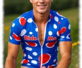 Radfahrer im Sonnenlicht, Dress leicht geöffnet, steil aufgerichtetes Verlangen, drängende Kerle auf Sattel liegend. Radfahrer im Sonnenlicht, Dress leicht geöffnet, steil aufgerichtetes Verlangen, drängende Kerle auf Sattel liegend.