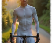 Rothaariger Radfahrer im Abendlicht, weißes Radfahrer-Dress. Rothaariger Radfahrer im Abendlicht, weißes Radfahrer-Dress.