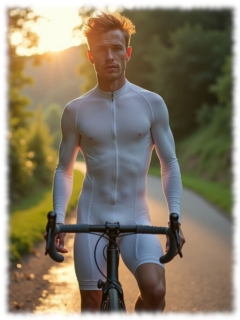 Rothaariger Radfahrer im Abendlicht, weißes Radfahrer-Dress. Rothaariger Radfahrer im Abendlicht, weißes Radfahrer-Dress.