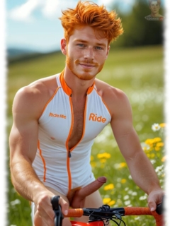 Rothaariger Radfahrer mit Bart, Dress leicht geöffnet, aufgerichteter Kelch der Lust bricht hervor. Rothaariger Radfahrer mit Bart, Dress leicht geöffnet, aufgerichteter Kelch der Lust bricht hervor.