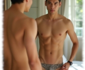 Zwei Twinks im Leoparden-Slip stehen sich gegenüber, sanfte Ausprägung im Slip erkennbar. Zwei Twinks im Leoparden-Slip stehen sich gegenüber, sanfte Ausprägung im Slip erkennbar.