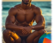 Dunkelhäutiger Mann in der Abenddämmerung am Strand hockend, sein Lustpendel schwingt frei. Dunkelhäutiger Mann in der Abenddämmerung am Strand hockend, sein Lustpendel schwingt frei.