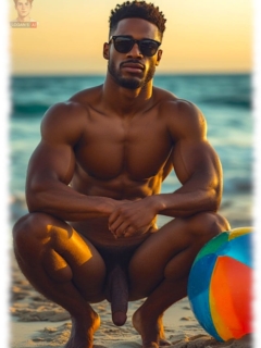 Dunkelhäutiger Mann in der Abenddämmerung am Strand hockend, sein Lustpendel schwingt frei. Dunkelhäutiger Mann in der Abenddämmerung am Strand hockend, sein Lustpendel schwingt frei.