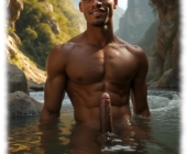 Dunkelhäutiger Twink im Fluss stehend, sein unerschütterlicher Mast ragt aus dem Wasser. Dunkelhäutiger Twink im Fluss stehend, sein unerschütterlicher Mast ragt aus dem Wasser.