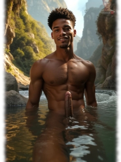 Dunkelhäutiger Twink im Fluss stehend, sein unerschütterlicher Mast ragt aus dem Wasser. Dunkelhäutiger Twink im Fluss stehend, sein unerschütterlicher Mast ragt aus dem Wasser.