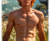 Rothaariger mit Sonnenbrille auf Blumenwiese sitzend, erotischer Teppich über seinem Lustpendel. Rothaariger mit Sonnenbrille auf Blumenwiese sitzend, erotischer Teppich über seinem Lustpendel.