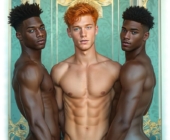 Zwei Dunkelhäutige und ein Ginger Men nackt stehend, Einer berührt vorsichtig den Luststab des Rothaarigen. Zwei Dunkelhäutige und ein Ginger Men nackt stehend, Einer berührt vorsichtig den Luststab des Rothaarigen.