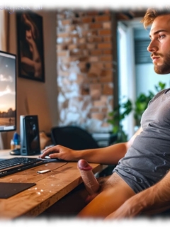 Nackter Bartträger vor Monitor sitzend, erotische Szene betrachtend, mit aufstrebenden Titan. Nackter Bartträger vor Monitor sitzend, erotische Szene betrachtend, mit aufstrebenden Titan.