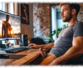 Nackter Bartträger vor Monitor sitzend, erotische Szene betrachtend, mit aufstrebenden Titan. Nackter Bartträger vor Monitor sitzend, erotische Szene betrachtend, mit aufstrebenden Titan.