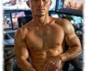 Nackter Asiate vor Monitoren sitzend, mit erhobenen Schaft Hand an seinen Glücksperlen. Nackter Asiate vor Monitoren sitzend, mit erhobenen Schaft Hand an seinen Glücksperlen.