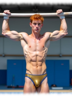 Rothaariger Twink in Sporthalle am Reck, goldfarbene Shorts mit lustvollem Hügel. Rothaariger Twink in Sporthalle am Reck, goldfarbene Shorts mit lustvollem Hügel.